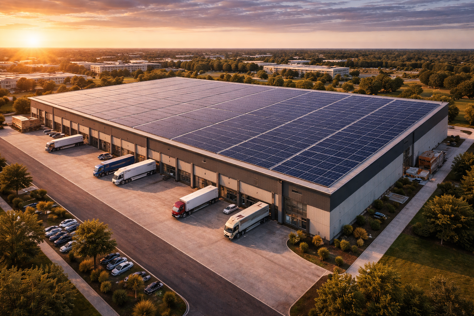 Industrial warehouse with solar panels at sunset