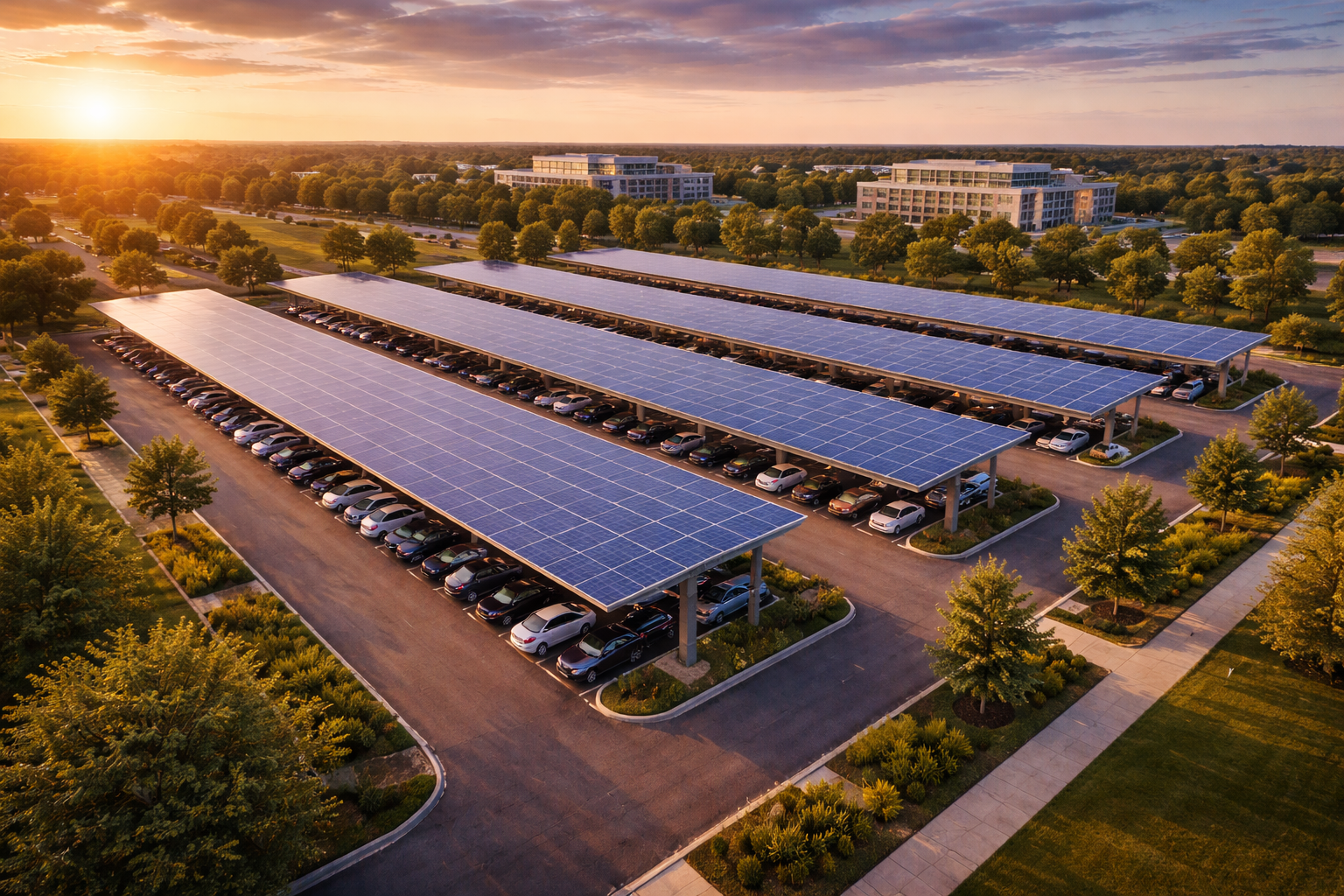 Solar carports at sunset